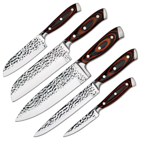 5 Piece Kitchen Knife Set With Embossed Blade And Wooden Storage Box Knives