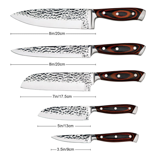 5 Piece Kitchen Knife Set With Embossed Blade And Wooden Storage Box Knives