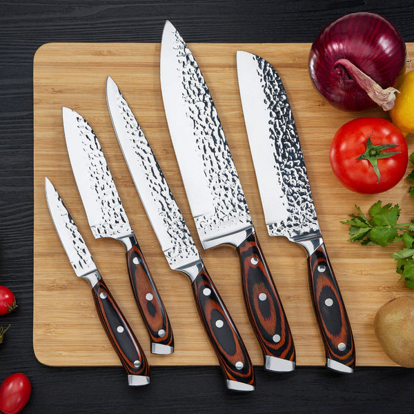 5 Piece Kitchen Knife Set With Embossed Blade And Wooden Storage Box Knives