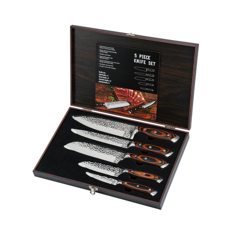 5 Piece Kitchen Knife Set With Embossed Blade And Wooden Storage Box Knives