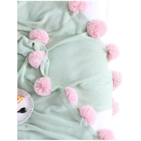 130 X 160Cm Cozy Throw Blankets Light Green Pink Pompoms