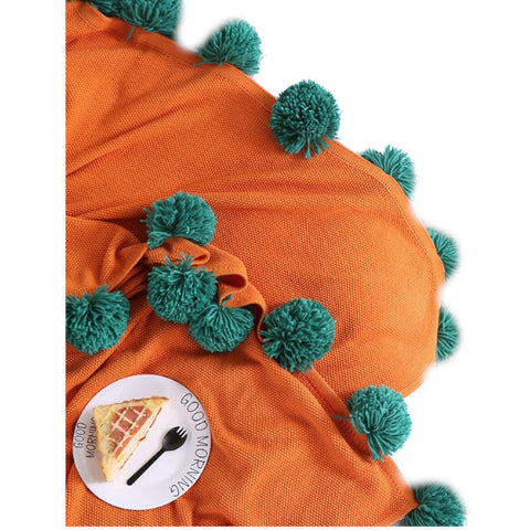 130 X 160Cm Cozy Throw Blankets Orange With Green Pompoms