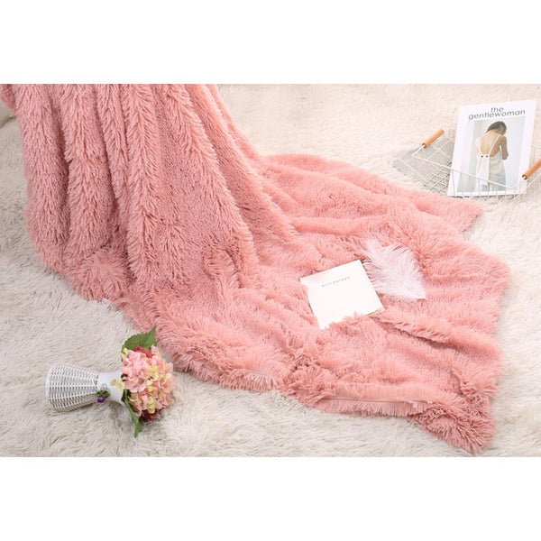 130X160cm Super Soft Long Coral Fleece Flurry Throw Blanket Carnation Pink