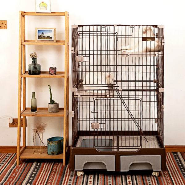 134 Cm Brown Pet Level Cat Cage House With Litter Tray And Storage Box