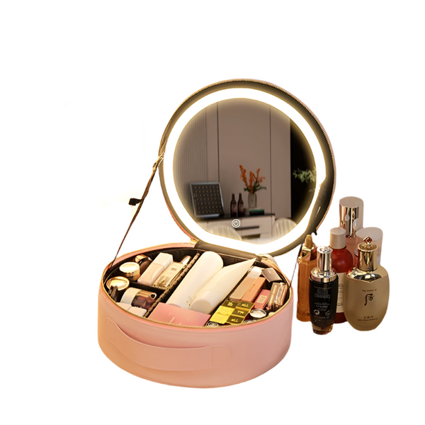 Round Smart Led Makeup Bag With Mirror Lights Large Capacity Pu Leather Cosmetic Case Makeup Bags & Cases