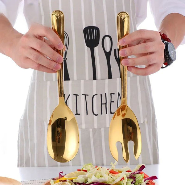 Gold Stainless Steel Giant Salad Spoon Fork Set Kitchen Dining Cutlery Serving Utensils & Sets