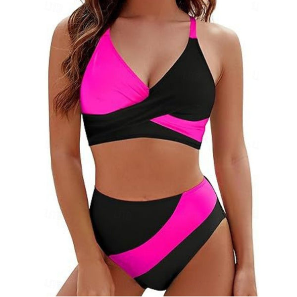 Bikini Contrast Color High Waist Tied  Two Piece Swimsuit Swimwear