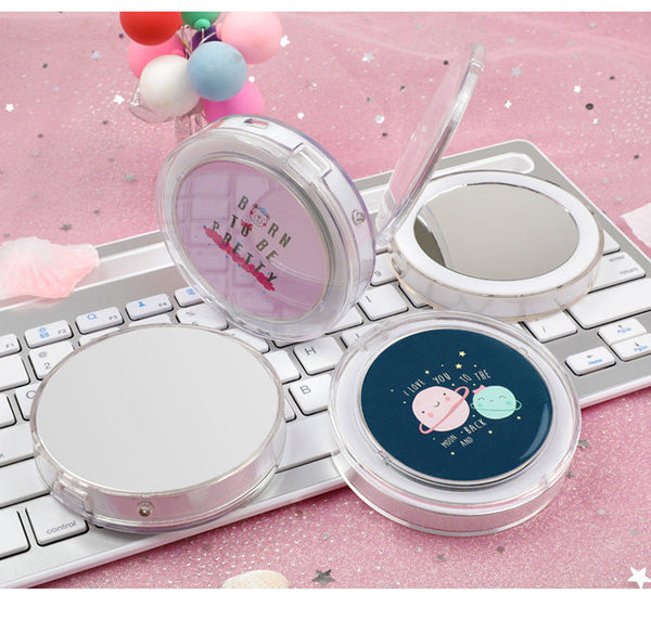 Led Mini Makeup Mirror Portable Rechargeable Folding Cartoon Theme Makeup Mirrors