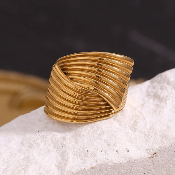 Veile Studios Retro Hand Decorated Geometric Fan Shaped Stripe Cross Ring For Women Rings