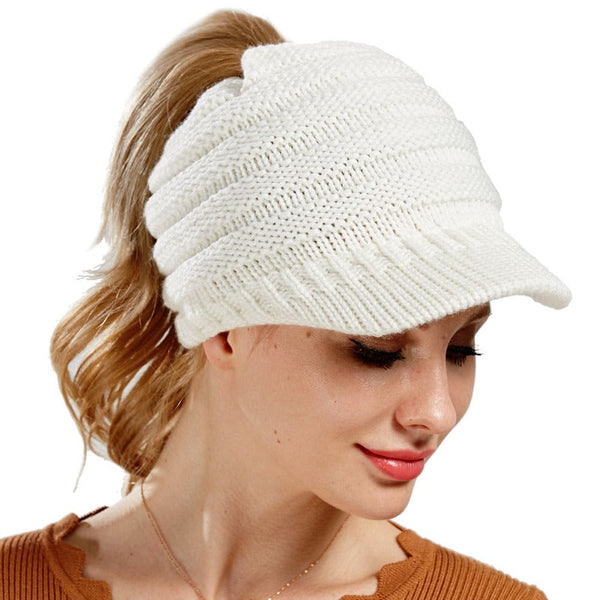 Women Ponytail Beanies Autumn Winter Soft Knitting Caps Warm Ladies Hats