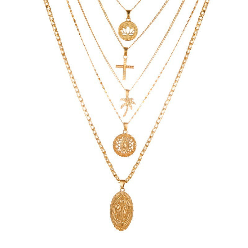 Veile Studios Retro Large Virgin Mary Golden Lotus Cross Multi Layer Pendant Necklace Necklaces & Pendants