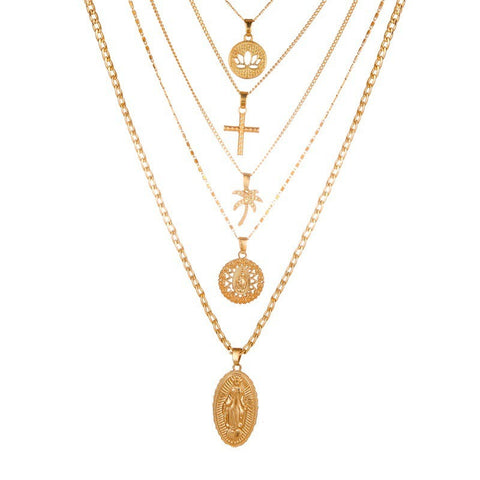 Veile Studios Retro Large Virgin Mary Golden Lotus Cross Multi Layer Pendant Necklace Necklaces & Pendants