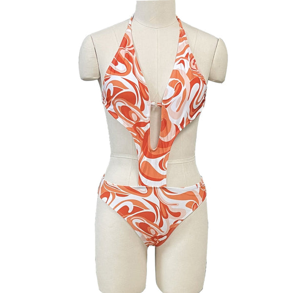 One Piece Printed Swimsuit Bikini Strap Swimwear