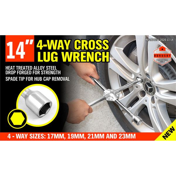 14" Wheel Brace Spanner 4-Way Cross Wrench Car Tyre Nut 17 19 21 23Mm Socket
