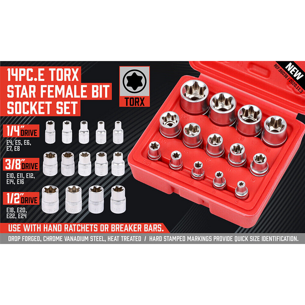 14Pc E Torx Socket Set Female Start Bit External Hex Torque E4-E24 With Case