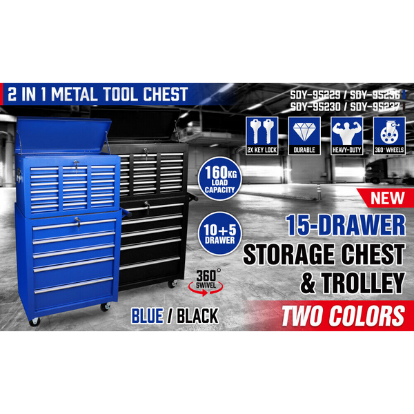 15-Drawer Tool Box Trolley Cabinet Lockable Storage Cart Garage Toolbox Organizer System