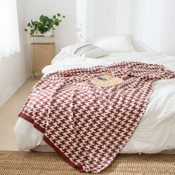 150X200cm Cozy Throw Blankets Classic Houndstooth Plaid Knitted Wine Red-White