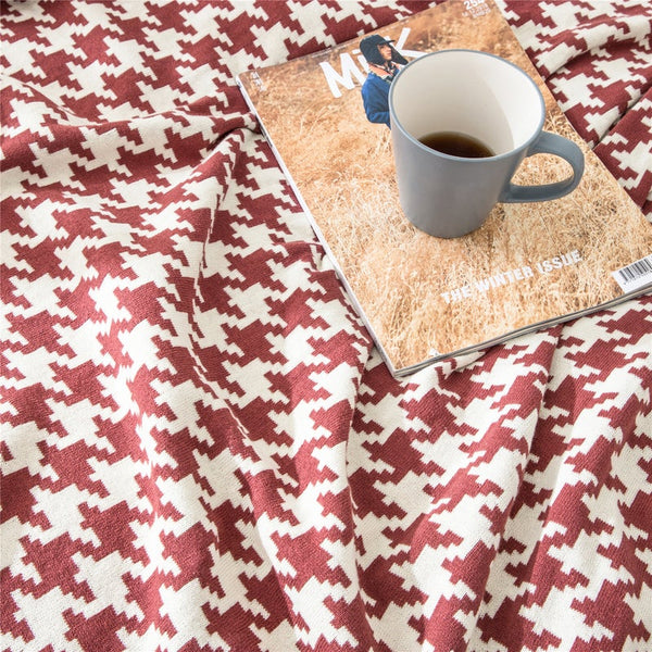 150X200cm Cozy Throw Classic Houndstooth Plaid Knitted Wine Red White Blankets