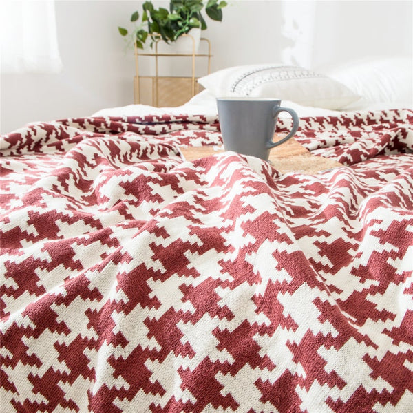 150X200cm Cozy Throw Blankets Classic Houndstooth Plaid Knitted Wine Red-White