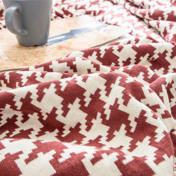 150X200cm Cozy Throw Classic Houndstooth Plaid Knitted Wine Red White Blankets