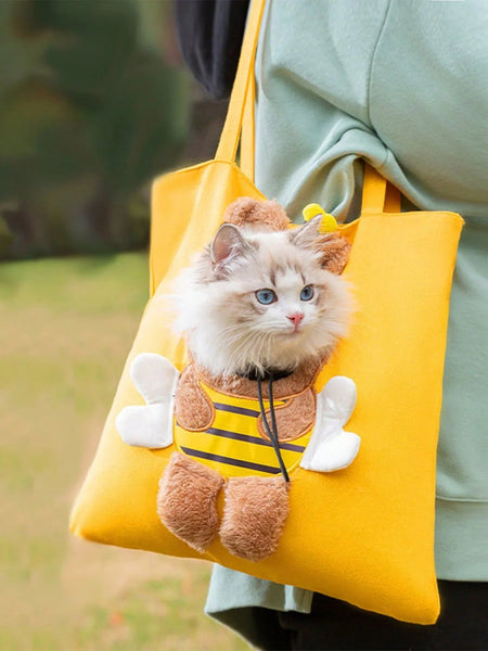 Cute Canvas Outdoor Bag With Exposed Bee Shaped Cat Shoulder Small Dog Tote Pet Transport