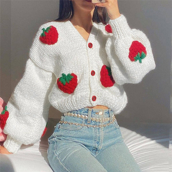 Cute White Strawberry Loose V Neck Cardigan Sweater For Women Jumpers & Cardigans