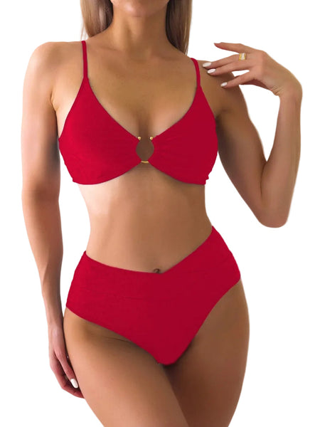 Solid Color Pleated High Waist  Bikini Two Piece Swimsuit Swimwear