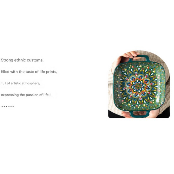 Morocco 9 Inch Bohemian Ceramic Double Handled Square Plate Plates