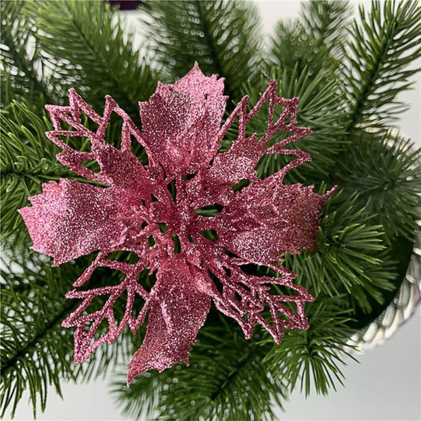 15Pcs Christmas Decoration Celebration Hollow Out Glitter Powder Flower Wreath Garland Pendant Pink