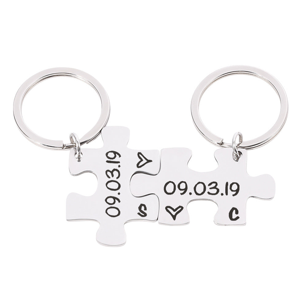 Mipgs Couple Keychain Gifts Engraving Stainless Steel Puzzle Ring Keyrings