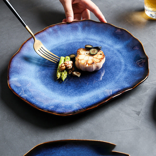 Deep Blue Irregular Japanese Style Handmade Ceramic Dinnerware Set