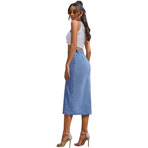 Button Irregular Slit Denim High Waist Skirt A Line Long For Women Skirts