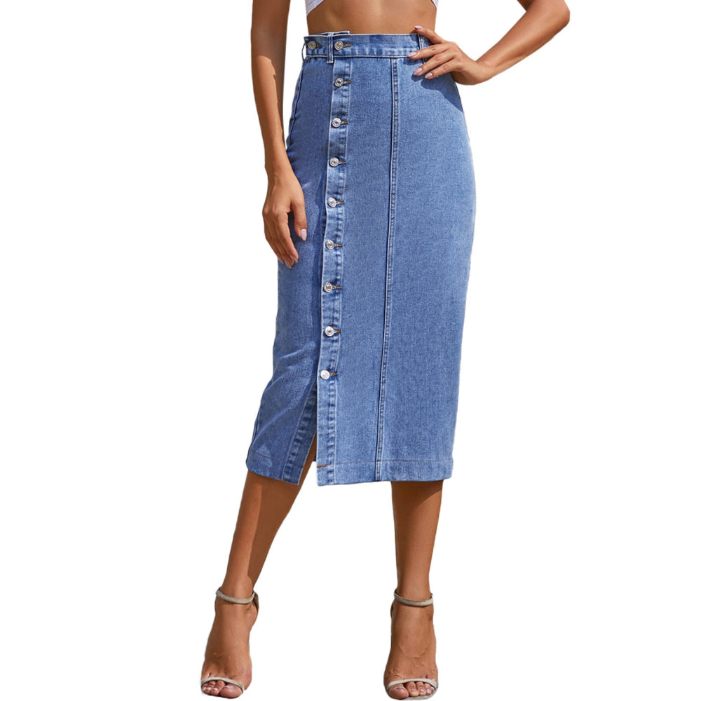 Button Irregular Slit Denim High Waist Skirt A Line Long For Women Skirts
