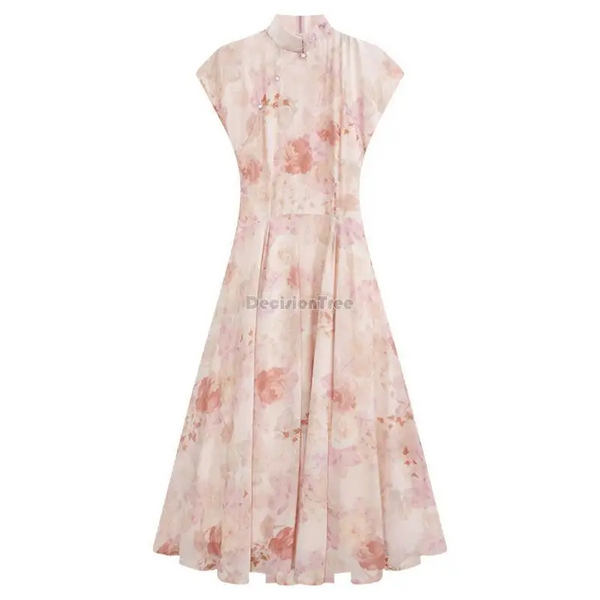 2024 New Chinese Style Improved Qipao Dress Summer French Waist Wrapped Women's Pink Daily Cheongsam Dresses