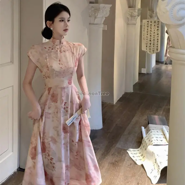 2024 New Chinese Style Improved Qipao Dress Summer French Waist Wrapped Women's Pink Daily Cheongsam Dresses