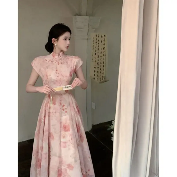 2024 New Chinese Style Improved Qipao Dress Summer French Waist Wrapped Women's Pink Daily Cheongsam Dresses