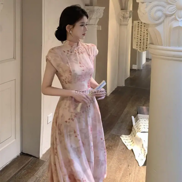 2024 New Chinese Style Improved Qipao Dress Summer French Waist Wrapped Women's Pink Daily Cheongsam Dresses