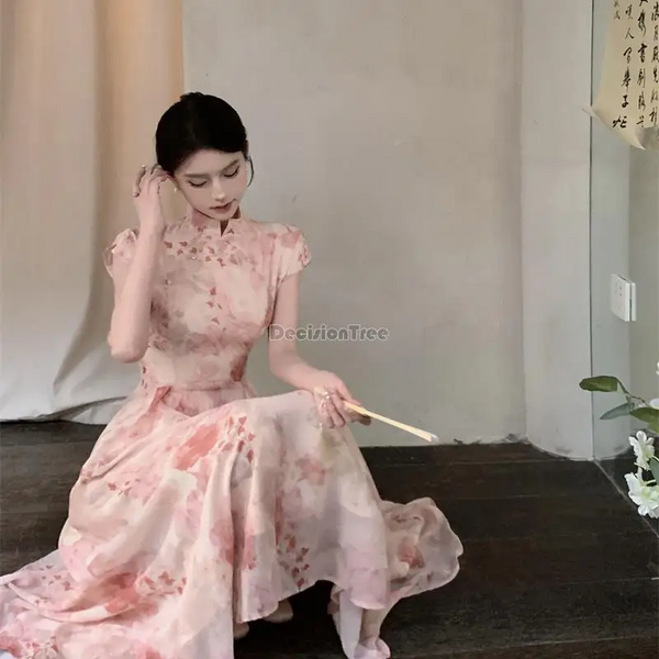 2024 New Chinese Style Improved Qipao Dress Summer French Waist Wrapped Women's Pink Daily Cheongsam Dresses