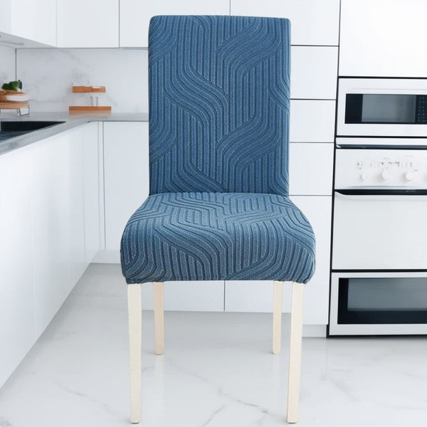 Chair Cover Blue Linear Design Anti Dirt Elastic Material For Dining Room Slipcovers