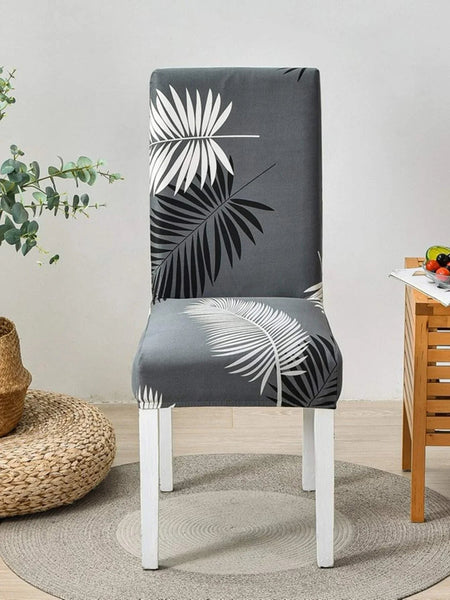 Chair Cover Grey Leaves Design Anti Dirt Elastic Material For Dining Room Kitchen Slipcovers