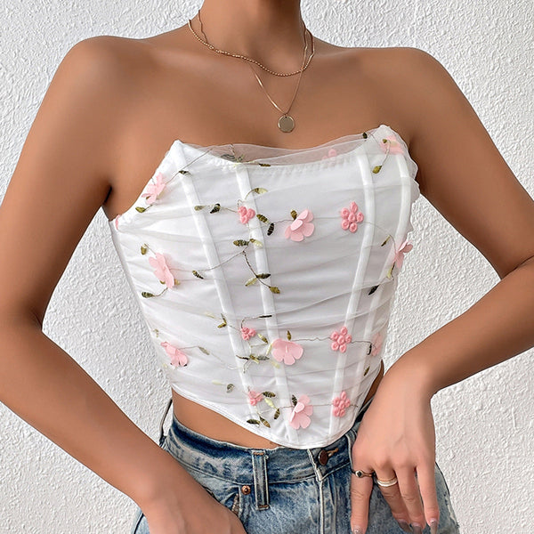 Floral Embroidery Bone Mesh Short Outerwear Tube Top Tops