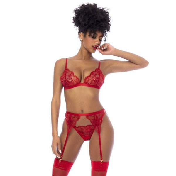 Red 3 Pc Set W/ Bralette Garter Belt And Thong Bras & Bra Sets