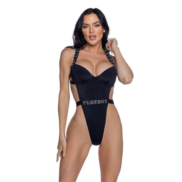 Playboy Black High Leg 1 Pc Swimsuit With Rhinestone Logo Size M Swimwear