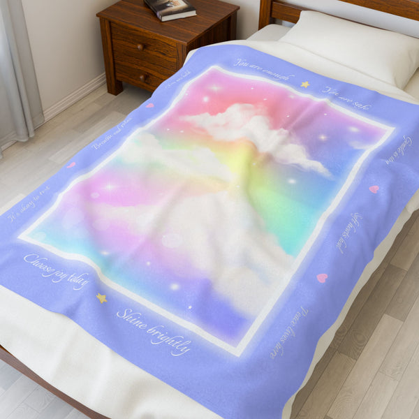 Pastel Clouds Affirmation Blanket Rainbow Velveteen Plush Throw Inspirational Encouragement Cozy Gift Blankets