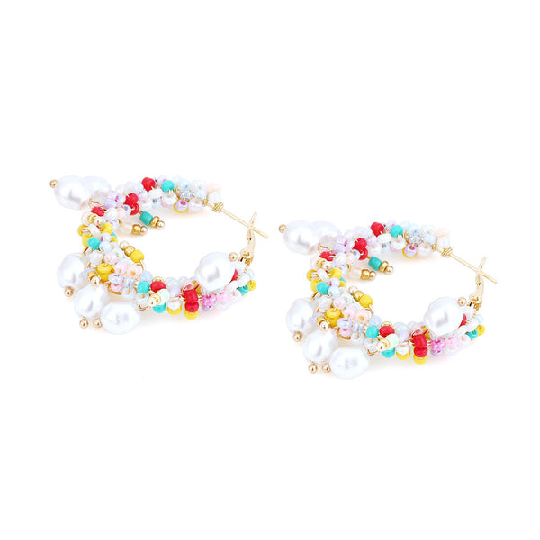 Veile Studios Bohemian Crystal Pearl Beaded Women Fashion Hoop Jewelry Accessories Earrings