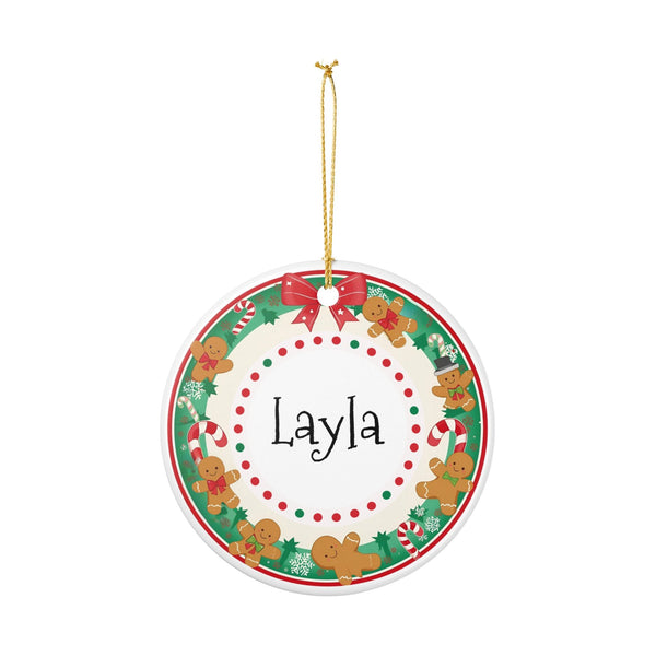 Gingerbread Wreath Ceramic Ornament | Personalized Name Christmas Holiday Decor Seasonal Decorations