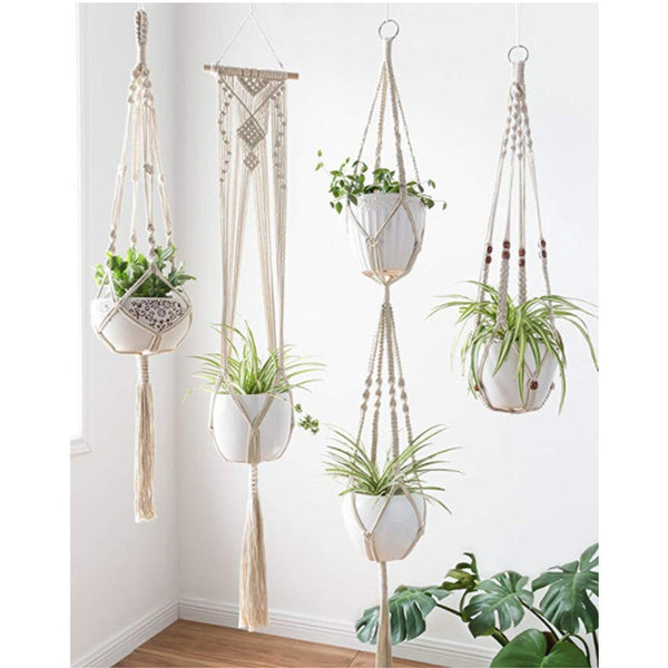 4 Pack Macrame Hanging Baskets Cotton Rope Plant Hanger For Home Decor Hooks & Hangers