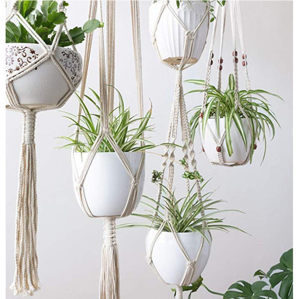 4 Pack Macrame Hanging Baskets Cotton Rope Plant Hanger For Home Decor Hooks & Hangers