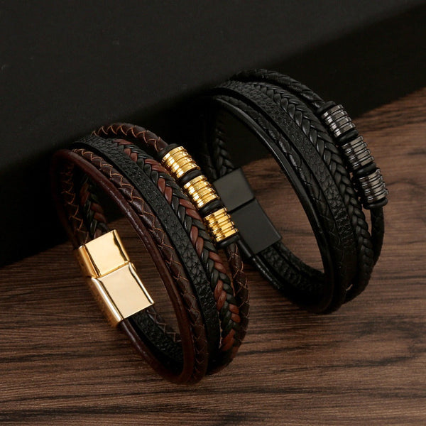 Veile Studios Mens Leather Magnetic Buckle Woven Bracelet Electroplating Black Bracelets