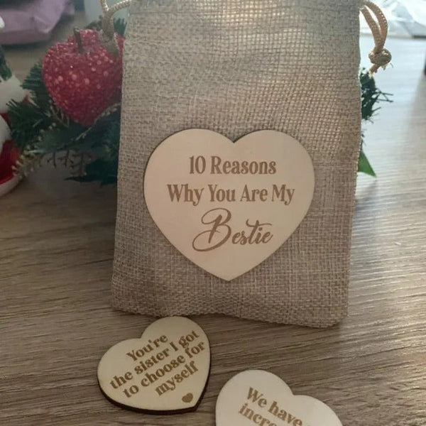 Why You Are My Bestie Jute Bag With Hearts Wood Chip Token